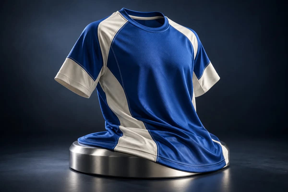 Conceptual editorial photograph of a cobalt and ivory sports jersey