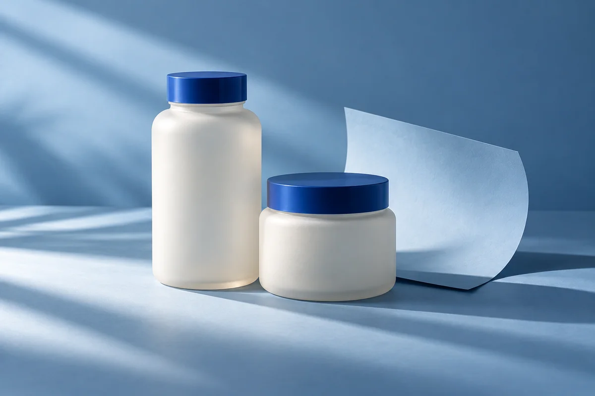 Conceptual editorial photograph of unbranded supplement packaging